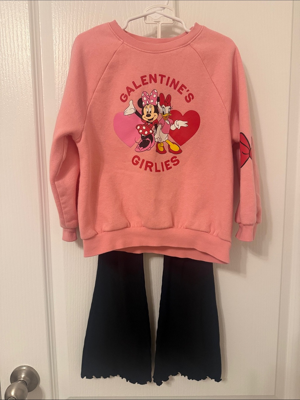 Disney Pink Minnie Galentine's Sweatshirt with Black Ribbed Leggings
